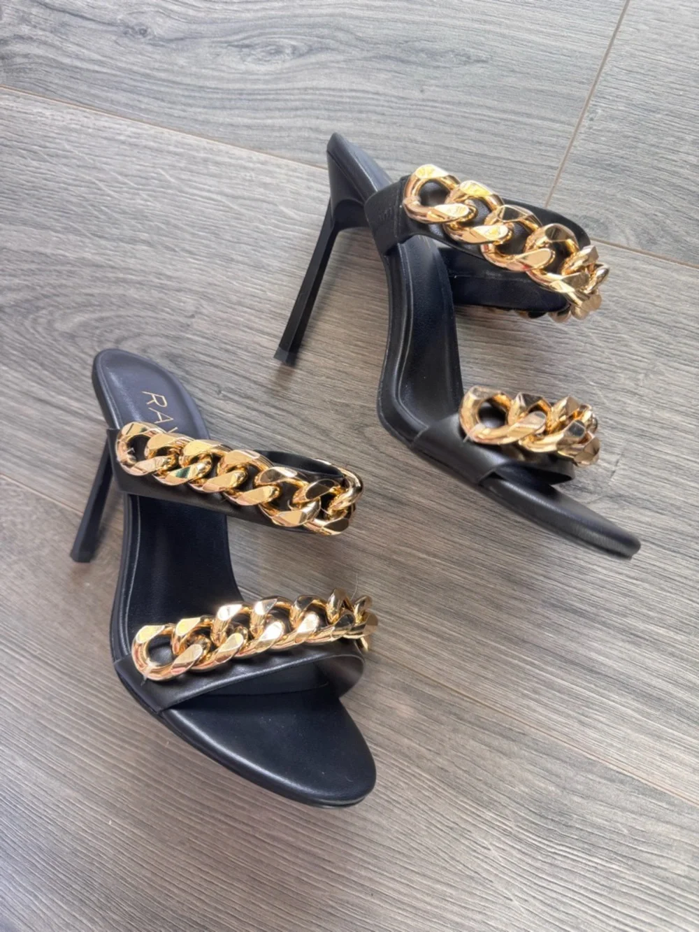 RAYE Deux Heel in Black Stiletto Slide Gold Chain Straps 5.5